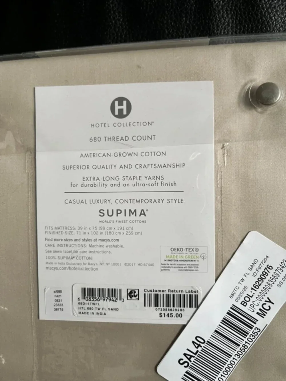 Hotel Collection 680 TC 100% Supima Cotton Twin Flat Sheet Mint